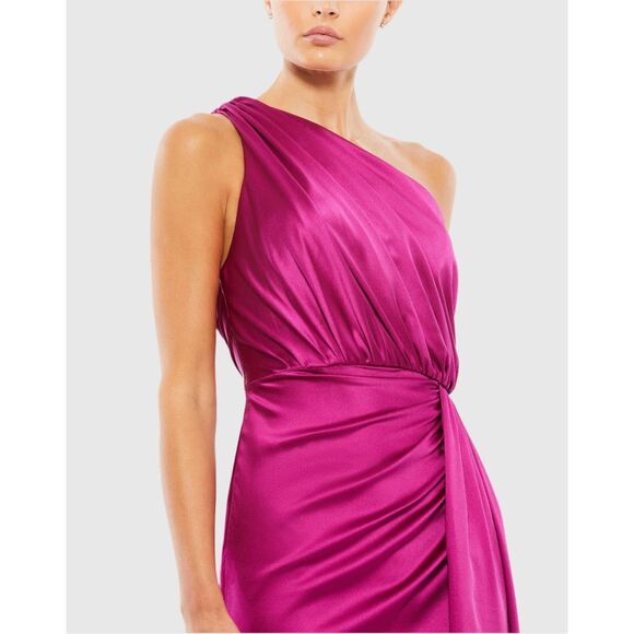 NWT Ieena for Mac Duggal One Shoulder Slit Satin Faux Wrap Maxi Gown Berry Sz 6 - Picture 3 of 13